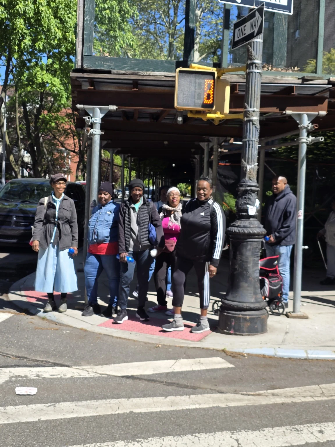 Community walkers gathered at a crosswalk