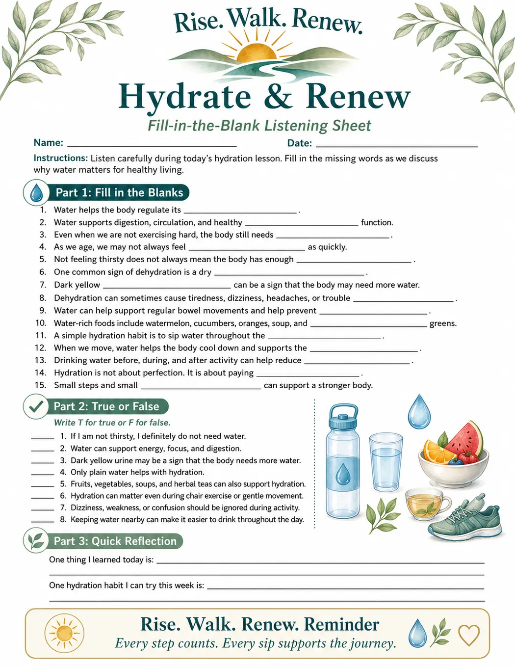 Preview of a senior-friendly hydration learning sheet
